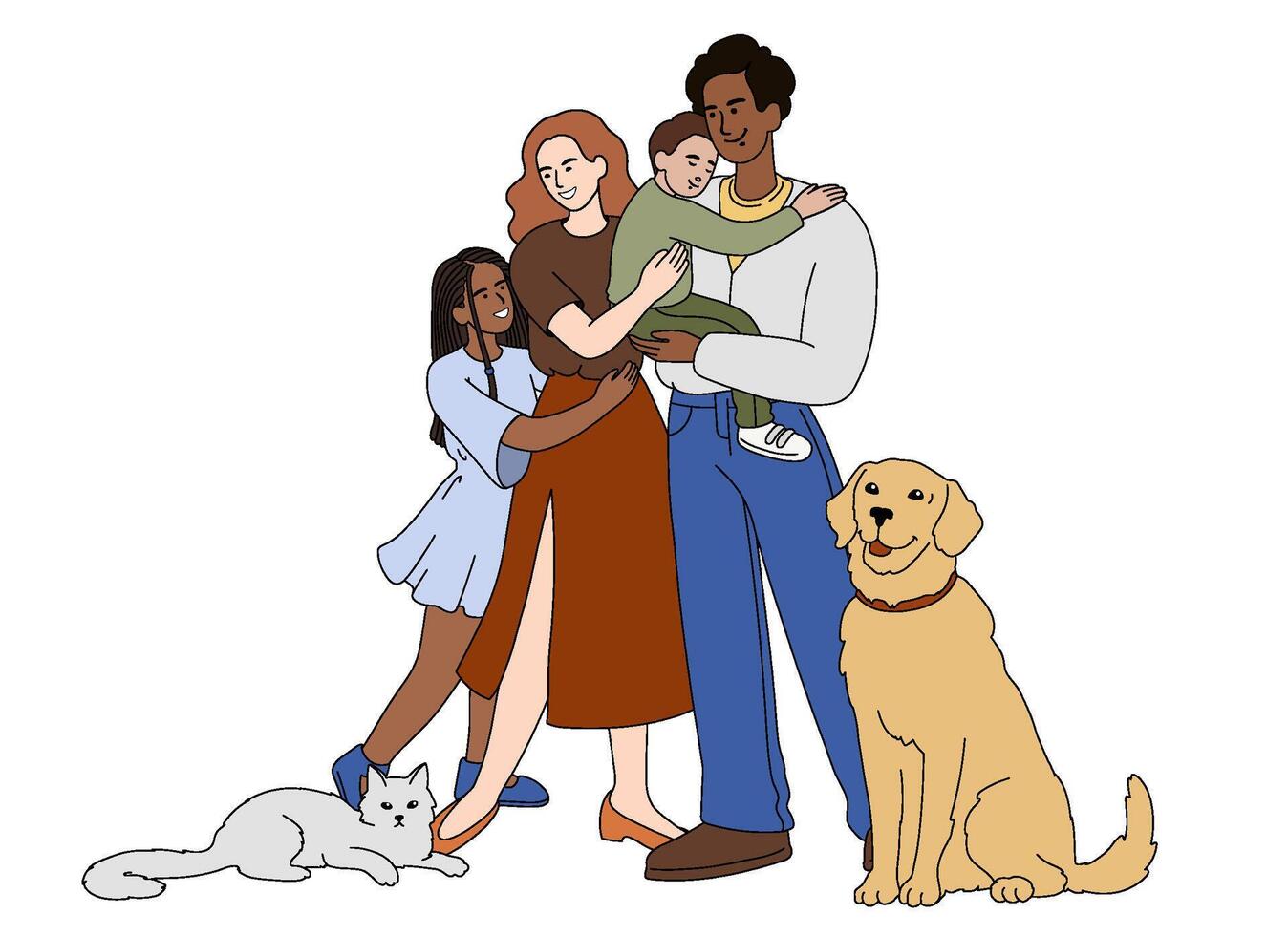 Flat smiling parents and children embracing each other. Happy family together with domestic pets. Father hold baby son in arms. Warm embrace or parental love cartoon illustration concept vector
