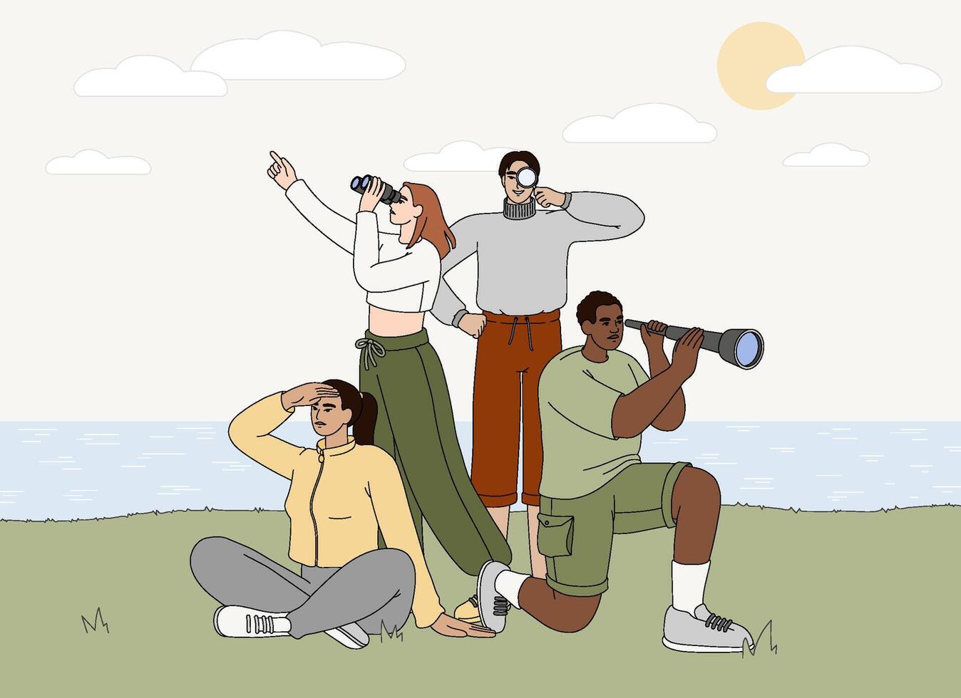 Flat explorers in nature landscape searching or exploring opportunities, business ideas. People team explore new horizons. Characters looking through binoculars, magnifying glass, spyglass into future vector