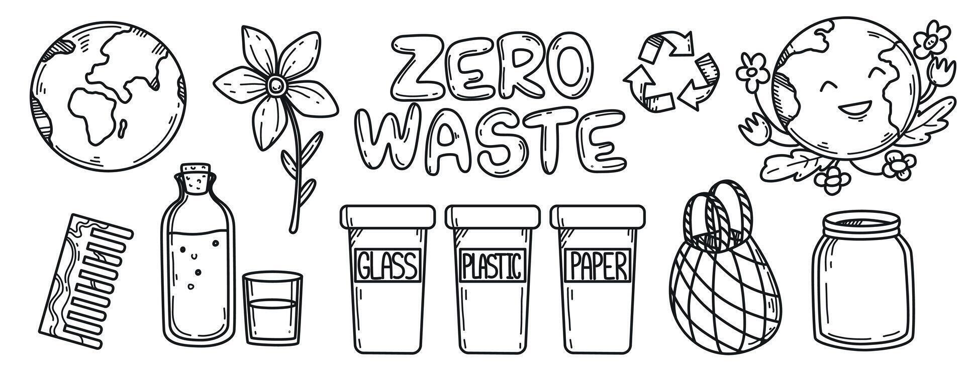 doodle set of zero waste goods. Hand drawn planet earth and eco objects. Elements of recycle eco grocery bag, glass bottle and jar, wooden comb and recycling sign. Environment protection. vector