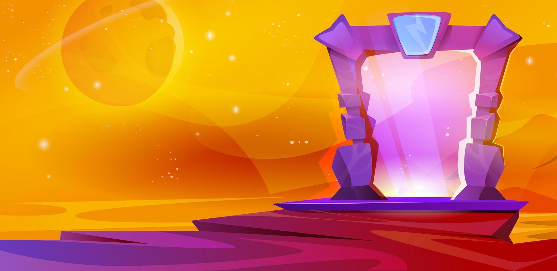 Cartoon illustration of magic portal in stone frame with purple plasma light. Glowing plasmic entrance door to parallel world at yellow landscape background. Fantasy game scene. vector