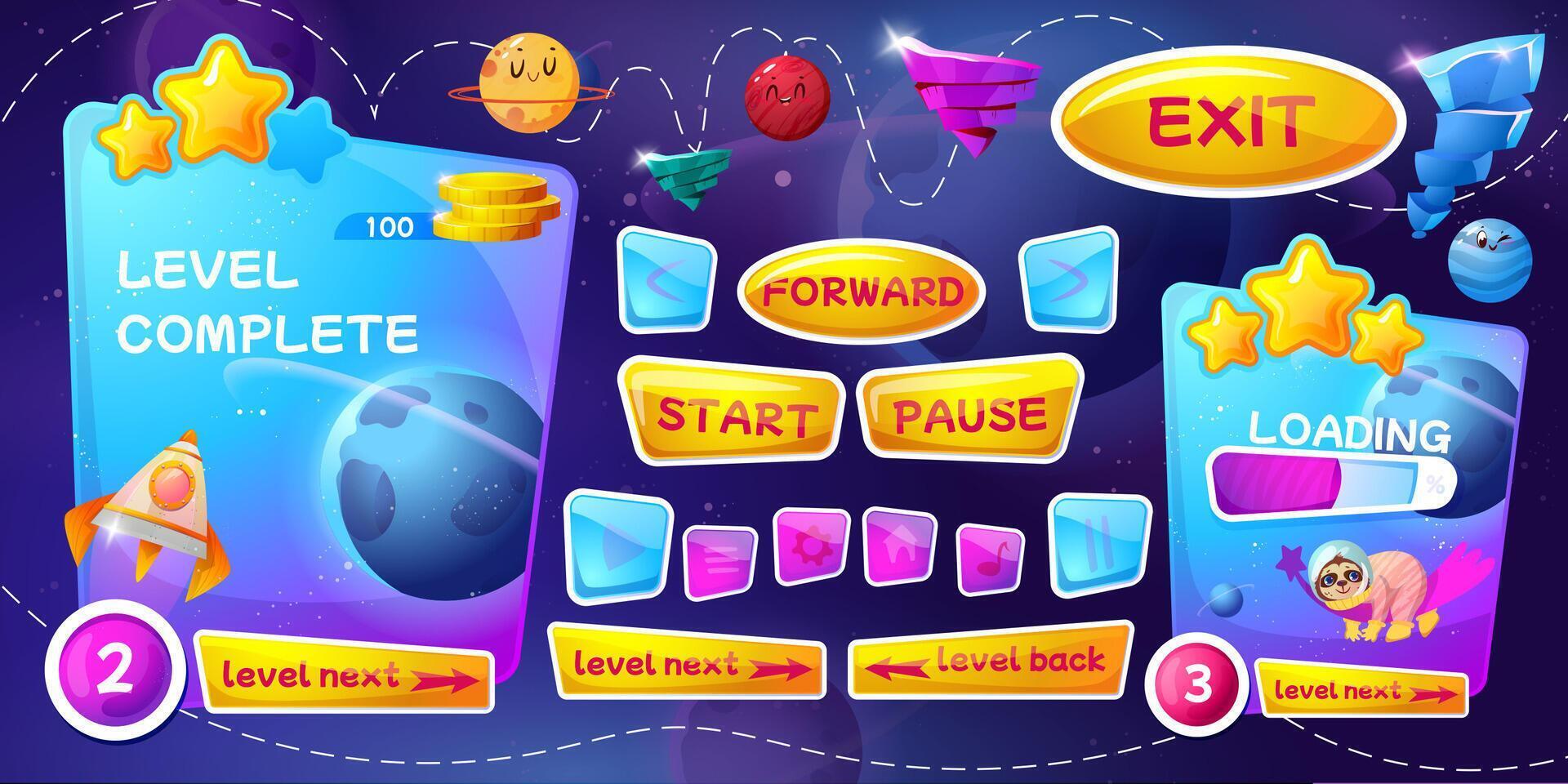 Cartoon graphic user interface with items for space game. App gui cosmic design with golden coins, panel with pause, start and reward, menu buttons, rocket. Universe background with platform, planets. vector