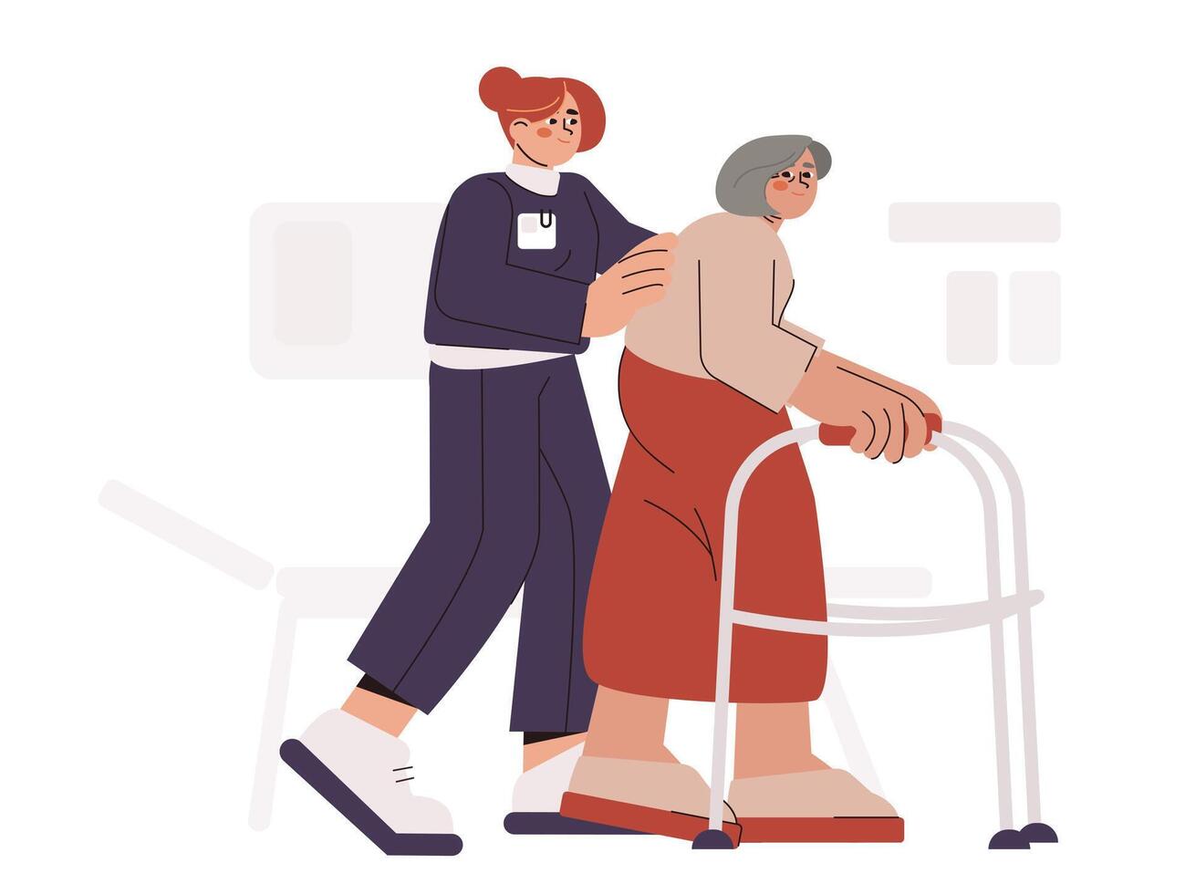 Nurse help old woman to walk around nursing home with walker. Social worker facilitates physical rehabilitation of elder patient. Senior person with walking frame. Elderly care social service concept. vector