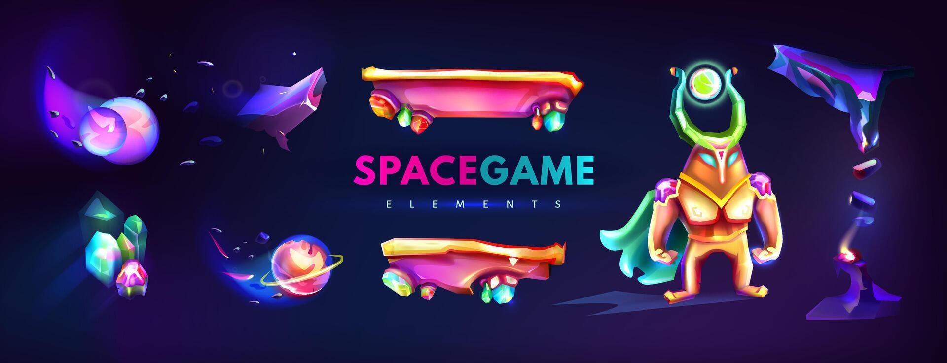 Cartoon cosmic game graphic elements for computer or mobile gui design. Platforms, asteroids, neon astronaut and flying crystal rocks. Space background with spaceman, stages and planets. Cosmic set. vector