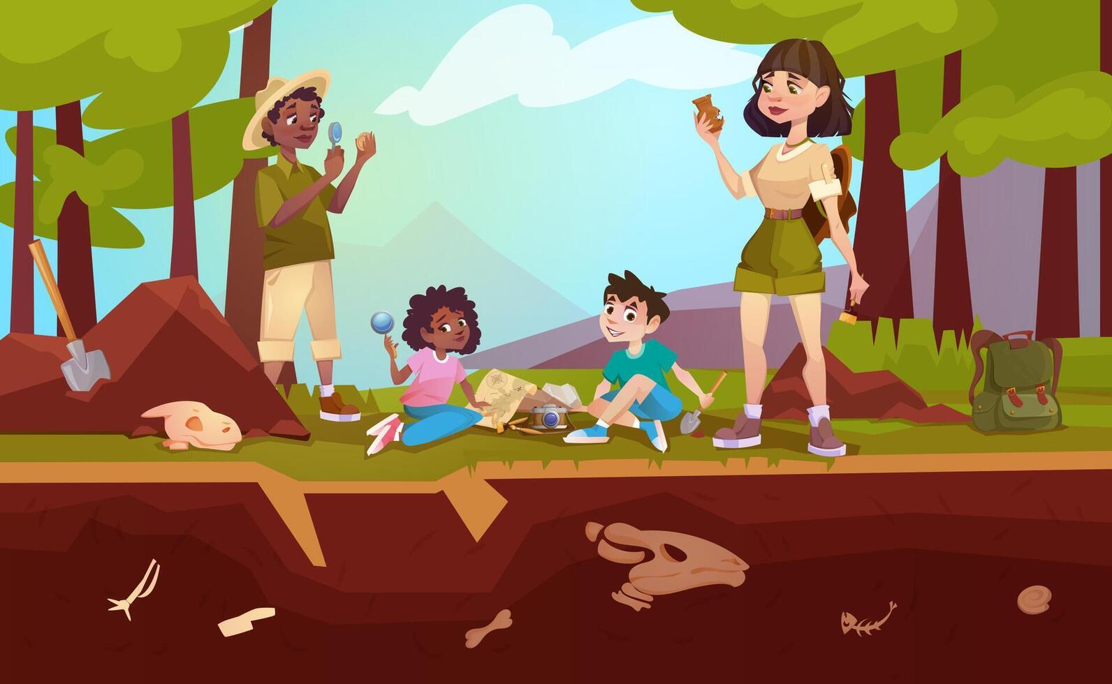 dibujos animados arqueólogos explorador artefactos con aumentador vaso, cepillo o estudiando dinosaurios fósil esqueletos huesos. niños excavación arena, jugando en paleontólogos con excavación pala y lupa vector