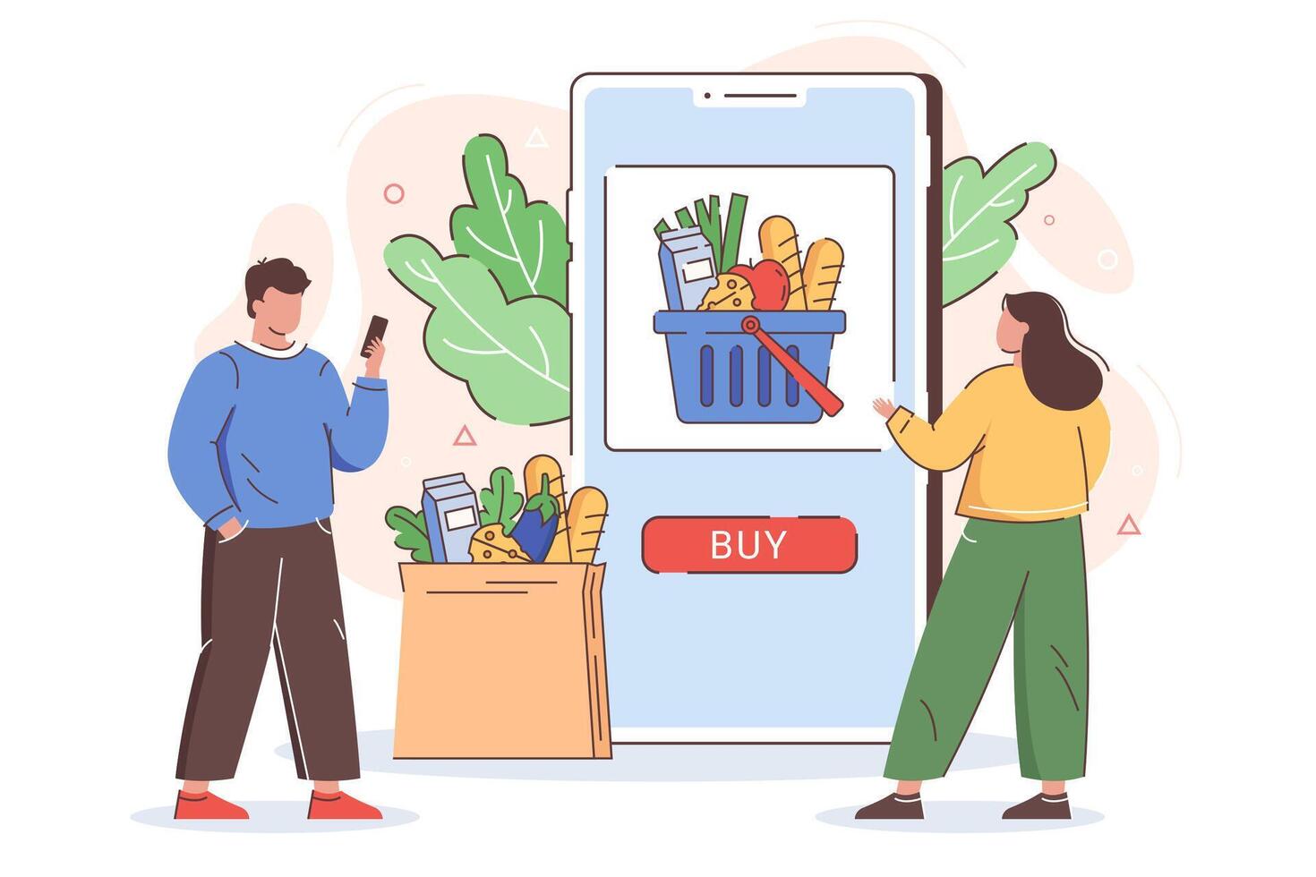 Flat people order food online. Grocery shopping from mobile application. Internet purchases with home delivery from supermarket store. Smartphone screen with buy button and basket full of products. vector