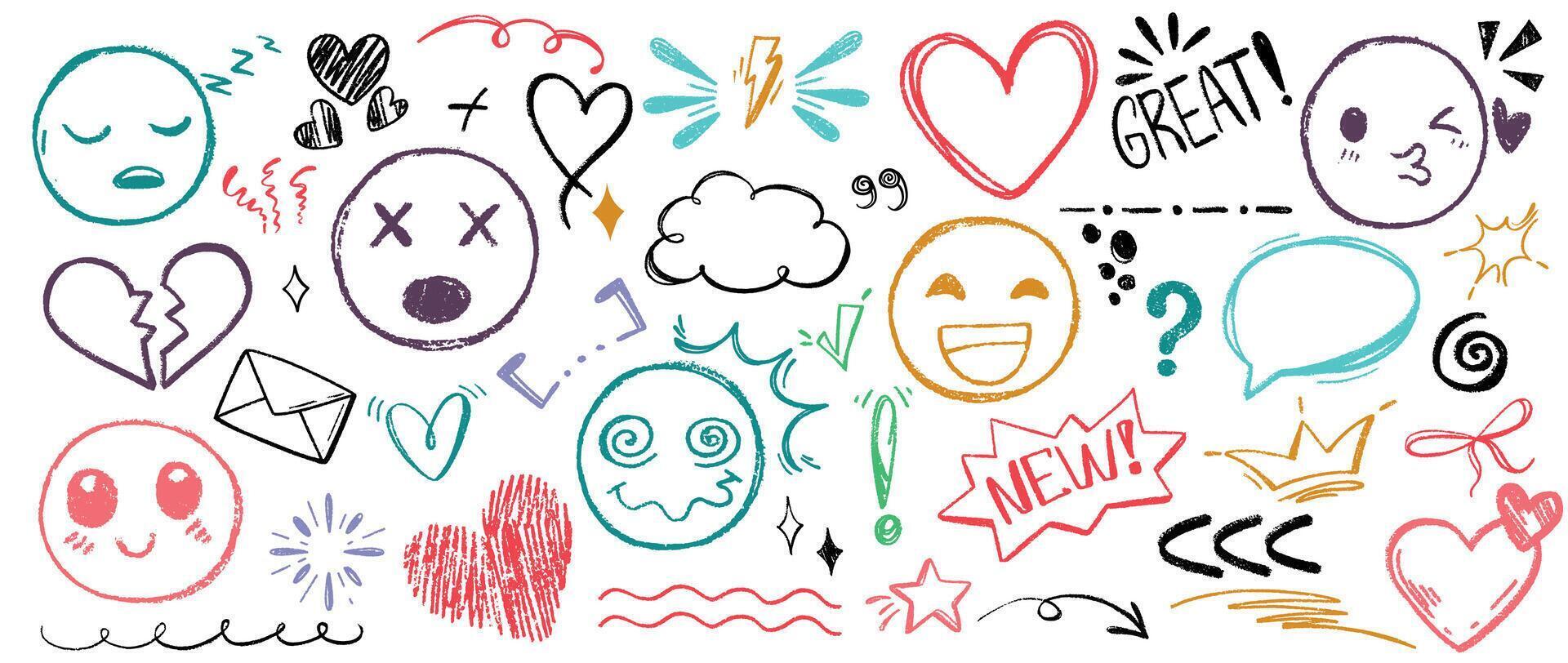 Hand drawn set of colorful charcoal doodle emoji faces with different emotion, heart and pencil punctuation marks. Color charcoal speech bubbles, phrases, underline and highlight text elements icon vector