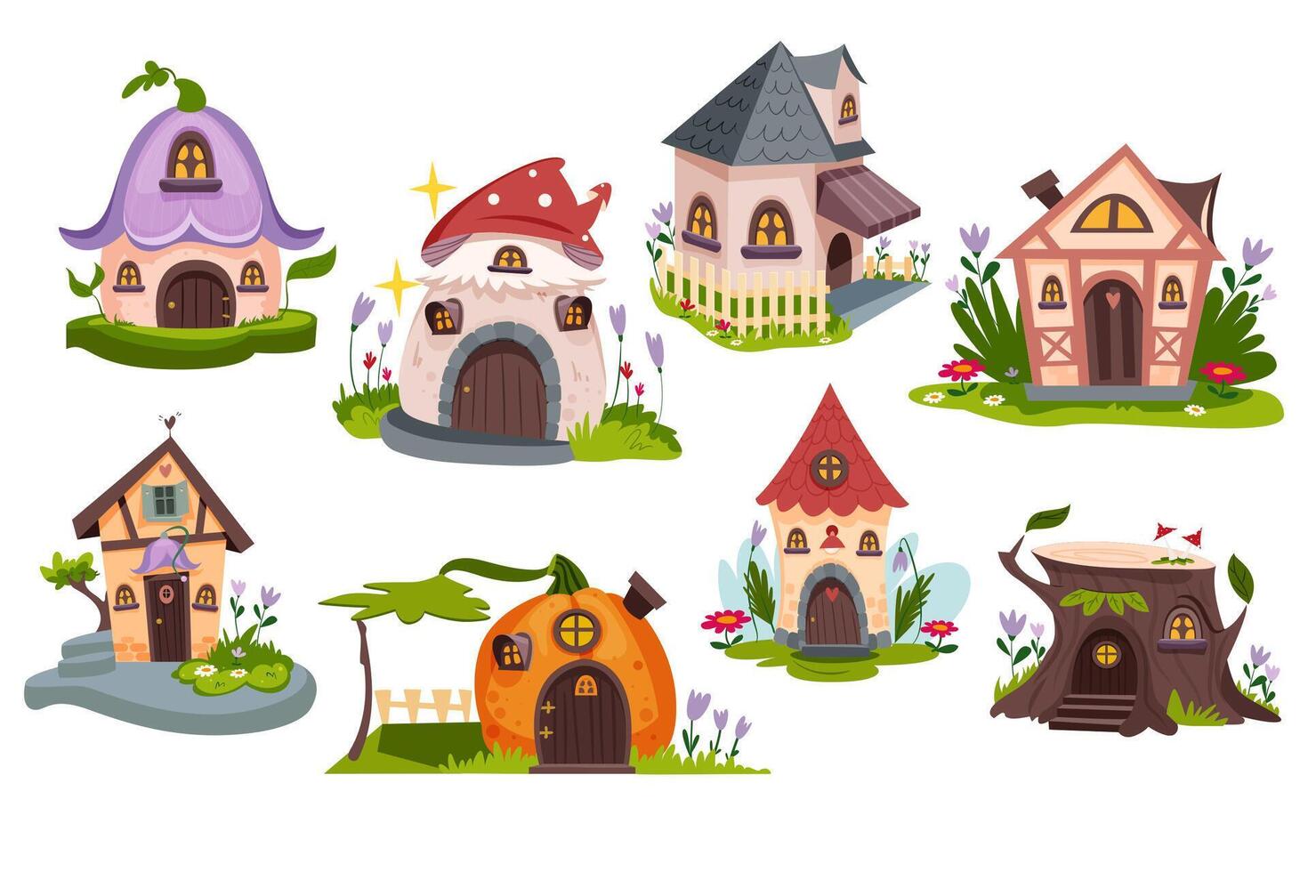 Cartoon fairytale houses. Cute dwellings or buildings set of gnome, dwarf or elf. Magic forest village with beautiful agaric mushroom, pumpkin and stump homes in green garden or fantasy wood vector