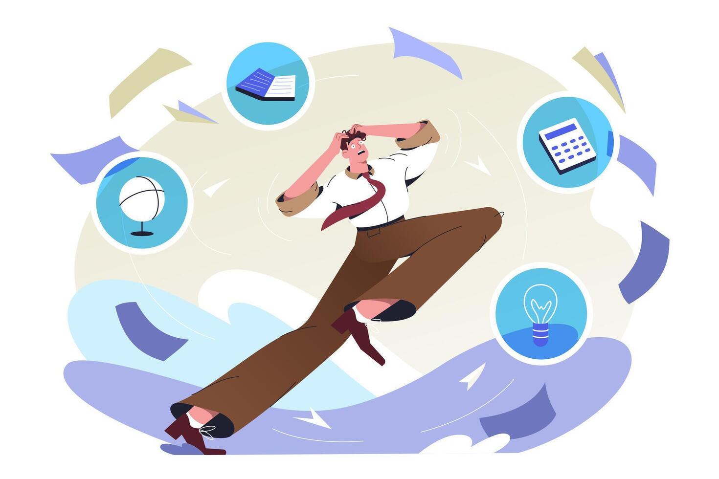 Flat stressed man overloaded by work and a lot of information. Overwhelmed employee person running away from overload. Multitasking and excess of paperwork for exhausted worker in office. vector