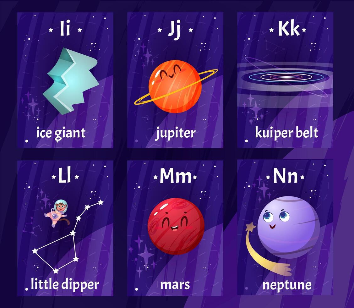 English alphabet flashcards with letters from I to N for children education. Printable kids flash cards with cartoon kuiper belt ring, planets and constellations for learning letters, words in school vector