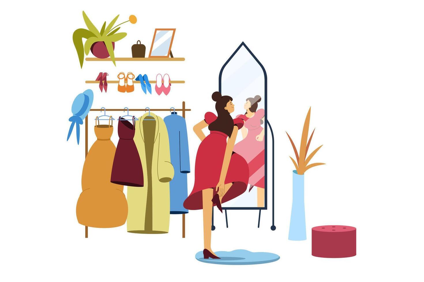 Flat girl in dress in wardrobe stand in front of big mirror and choose outfit. Young woman in pacious walk-in closet or boutique shop. Clothes and accessories on floor hanger and shelves. vector