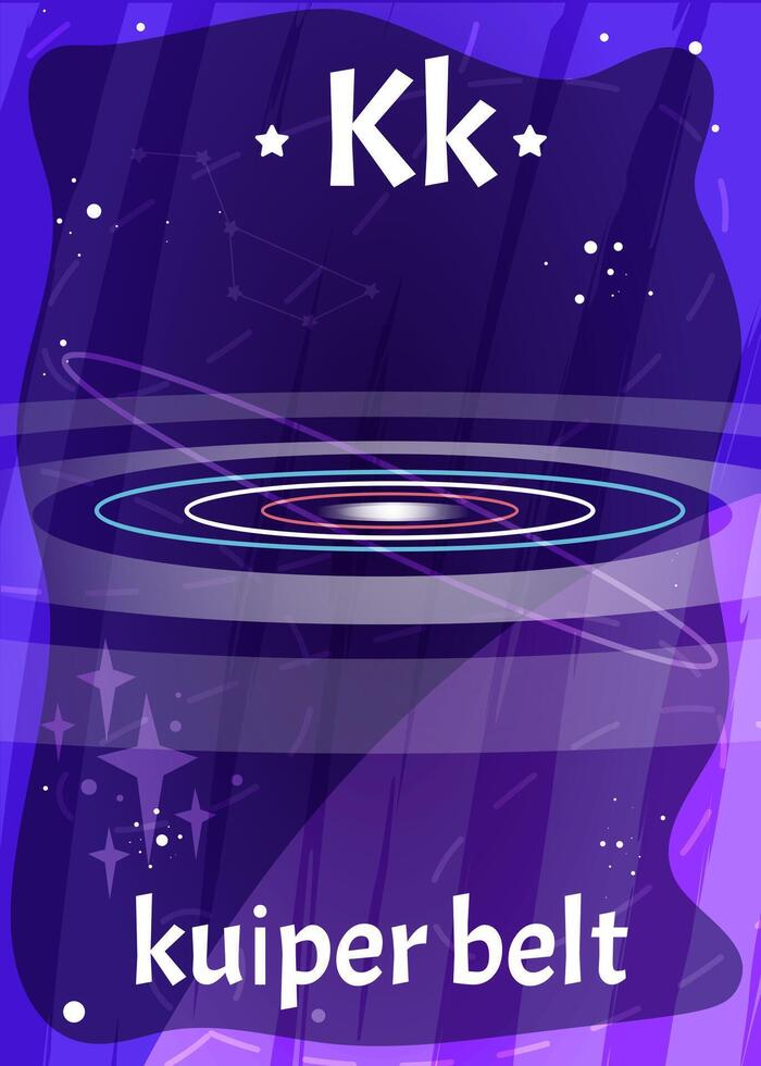 Printable space alphabet flashcard with letter K. Cartoon kuiper belt in solar system with english word on flash card for children education. Kid cards for teaching reading in kindergarten or school vector