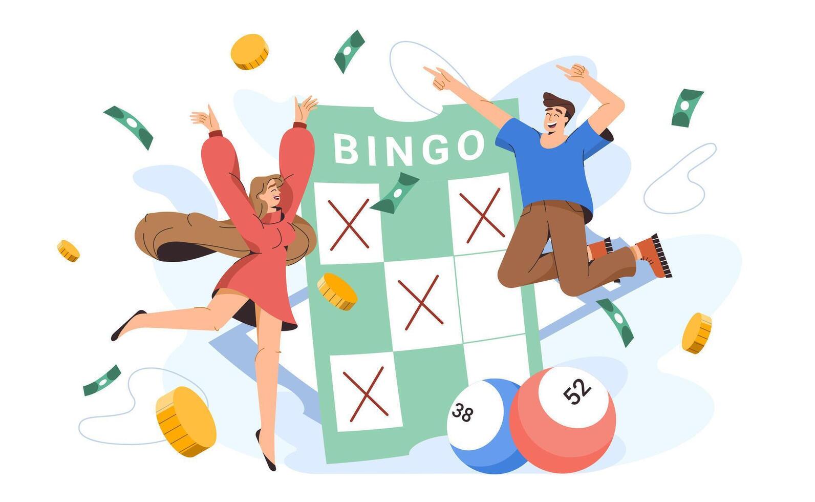 plano contento personas cerca bingo tarjeta con suerte pelota números. joven emocionado caracteres con victorioso boleto de keno juego juego. alegre lotería ganadores de loto bote, casino jugar ocio. vector