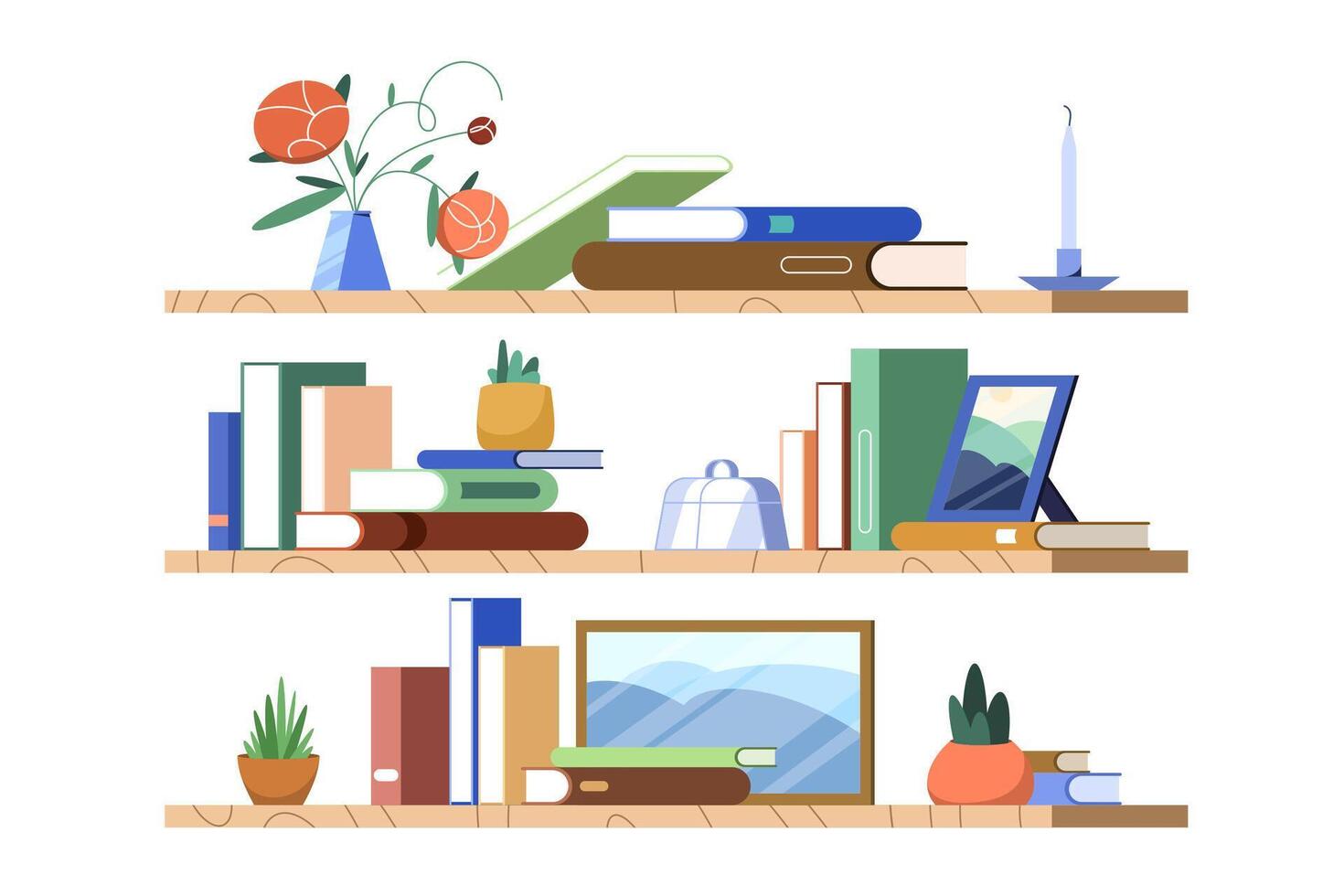 Flat colorful books, plants and picture frames stand on bookshelf. School bookcase or shelf hanging on wall in library or home with lying in pile textbooks. Paperbacks on bookshelves. vector