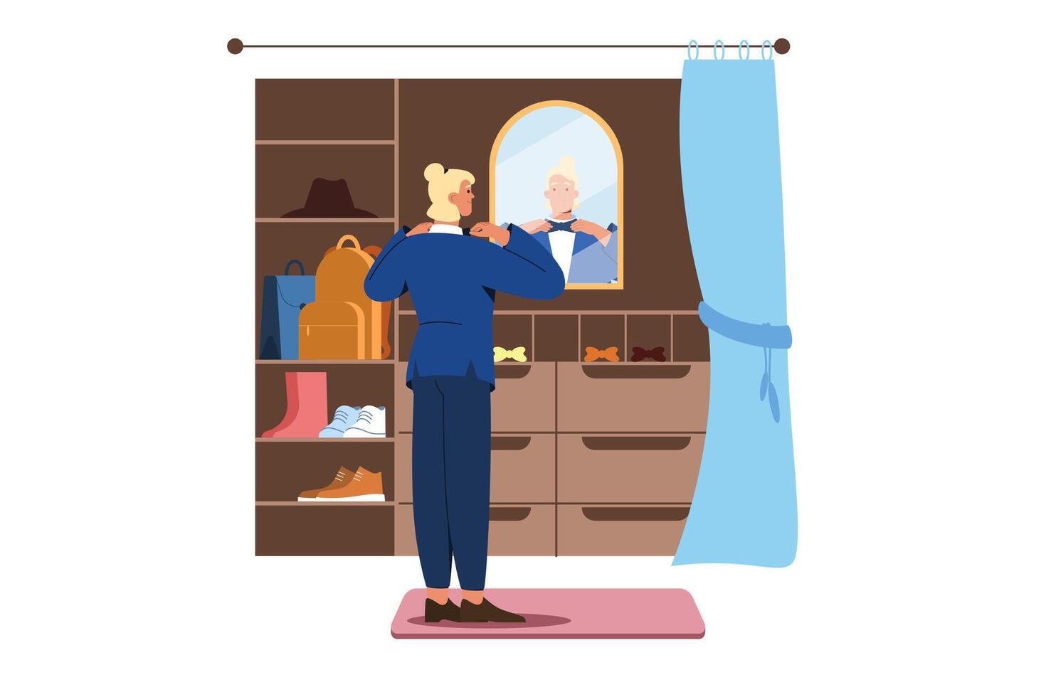 Flat man in wardrobe stand in front of mirror and choose butterfly tie. Male character in suit in pacious walk-in closet or dressing room. Clothes and accessories on wardrobe shelves. vector