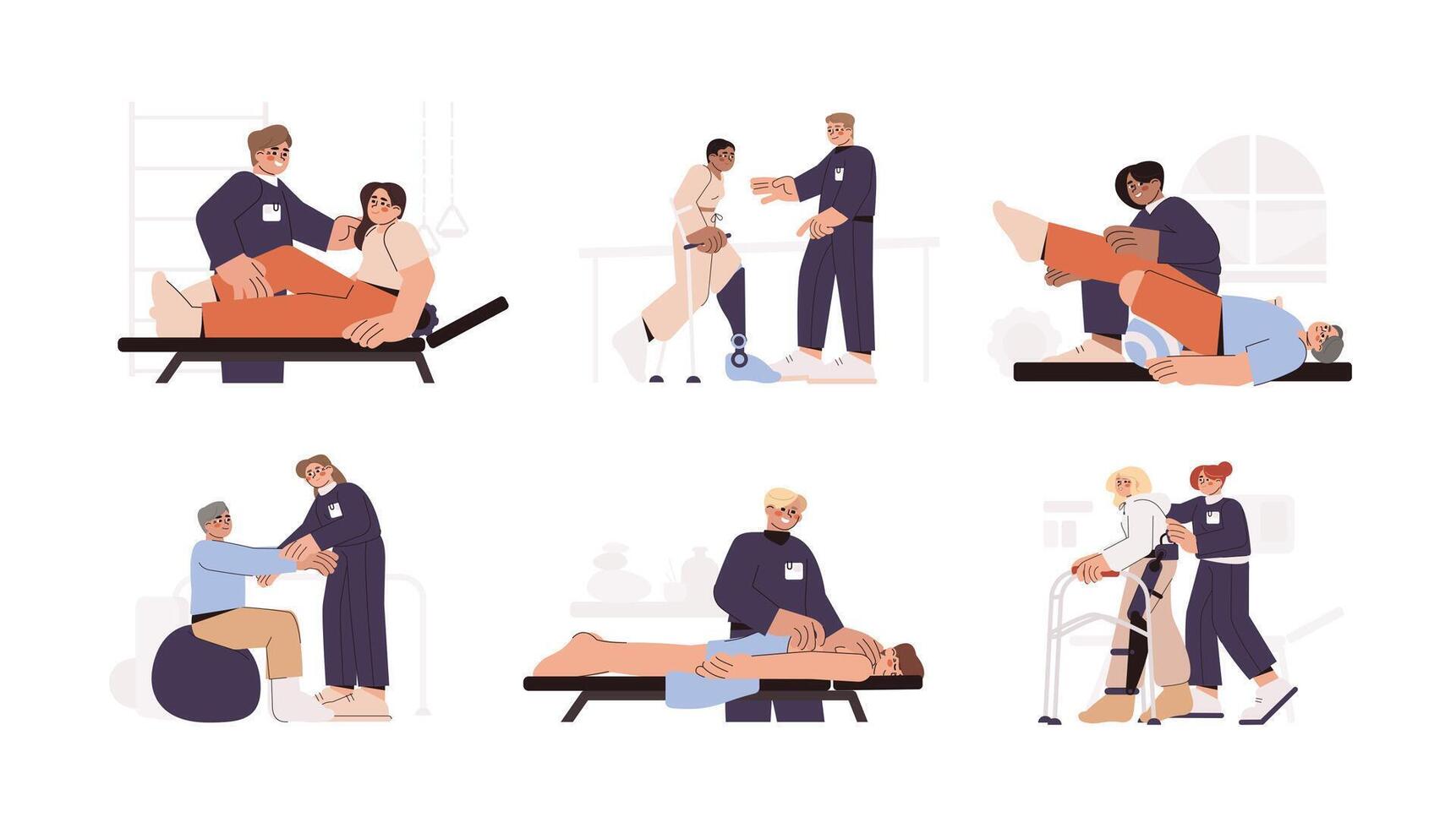 Flat physiotherapy doctors take care of people rehab. Physical therapist or orthopedic help patient recovery after leg, knee or back injuries. Exercises with medical equipment in rehabilitation clinic vector