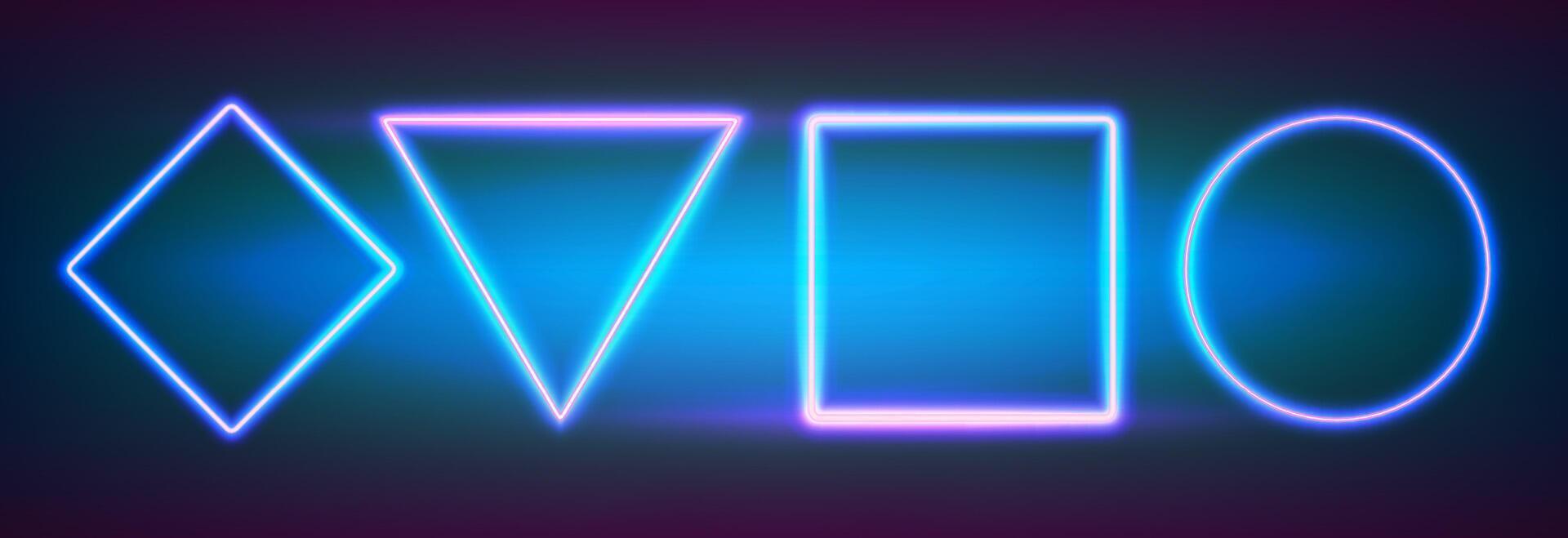 Realistic neon set frames different geometric shapes with led backlighting. Glowing fluorescent border on dark background. Bright illuminated shape of triangle, square, circle and rhombus form. vector