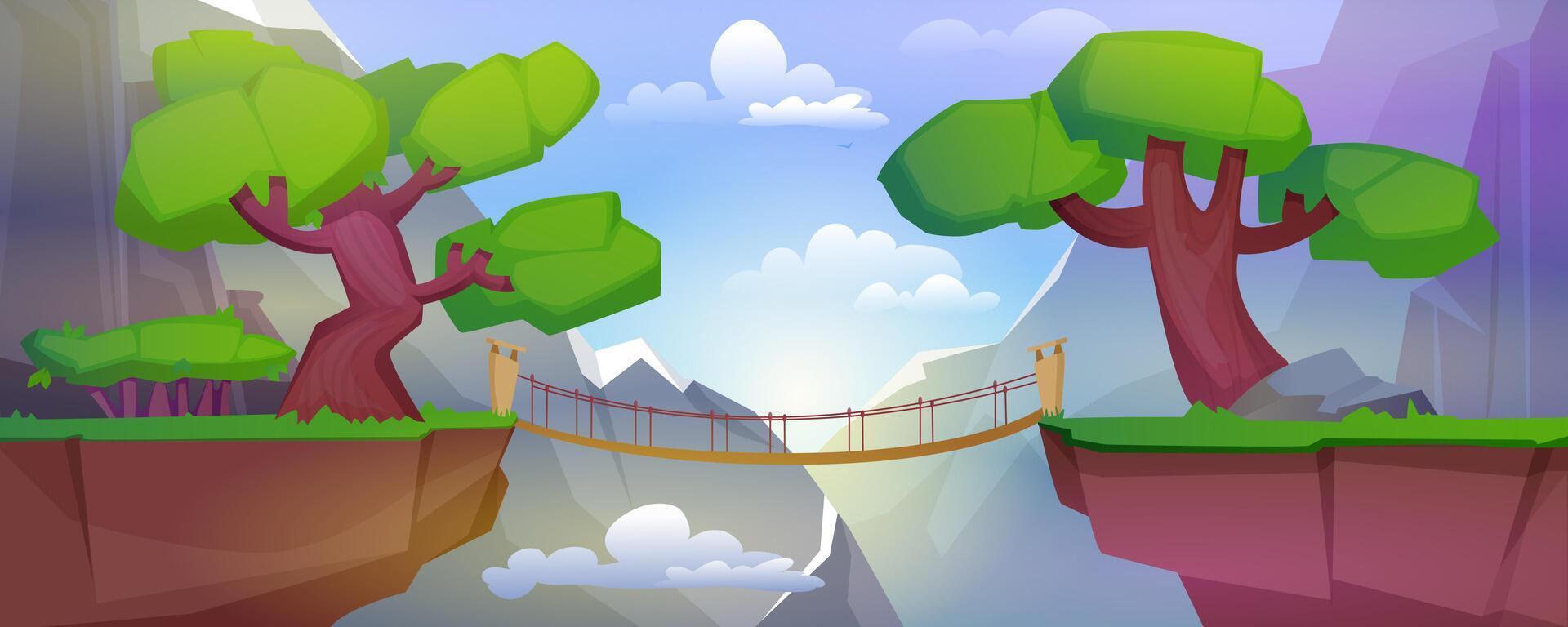 Summer landscape with mountains, plants, clouds and suspension bridge over precipice between cliffs. Cartoon illustration of rocks, green grass and trees, wooden footbridge over abyss at day. vector