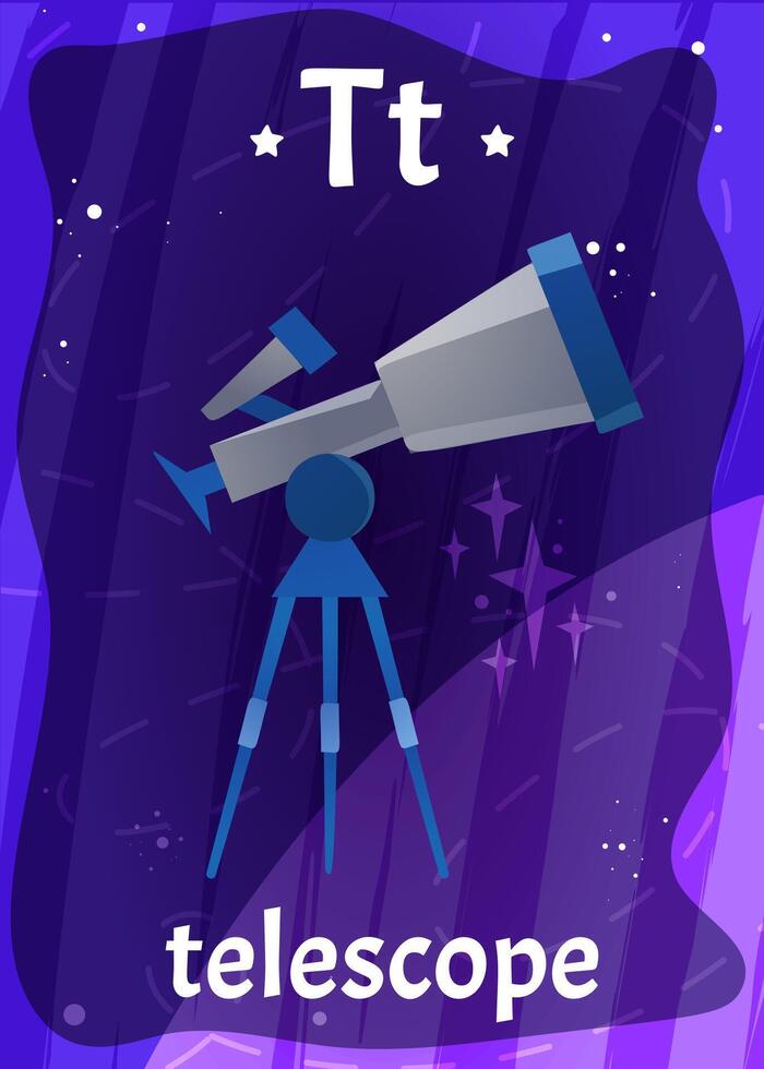 Printable space alphabet flashcard with letter T. Cartoon telescope with tripod and english word name on flash card for children education. Kid cards for teaching reading in preschool or kindergarten vector