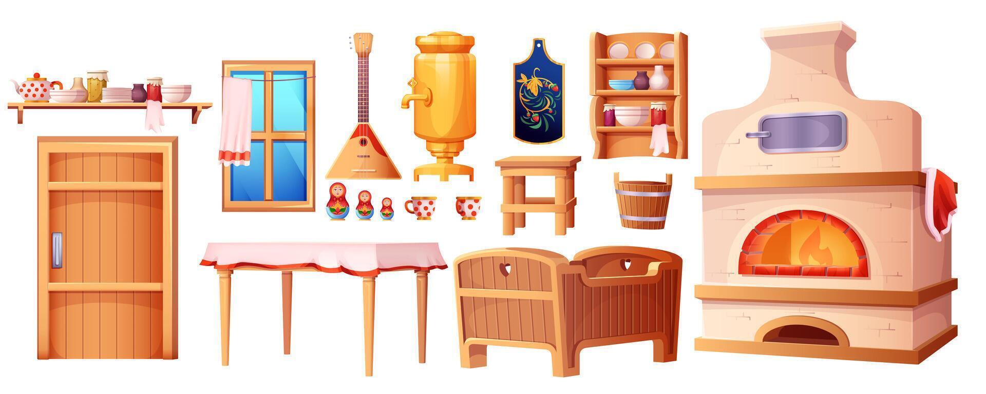 Cartoon old interior elements of the Russian hut. Ancient kitchen with traditional stove, wooden baby cradle, table, samovar set isolated on white background. Ukrainian rural house with window, door. vector