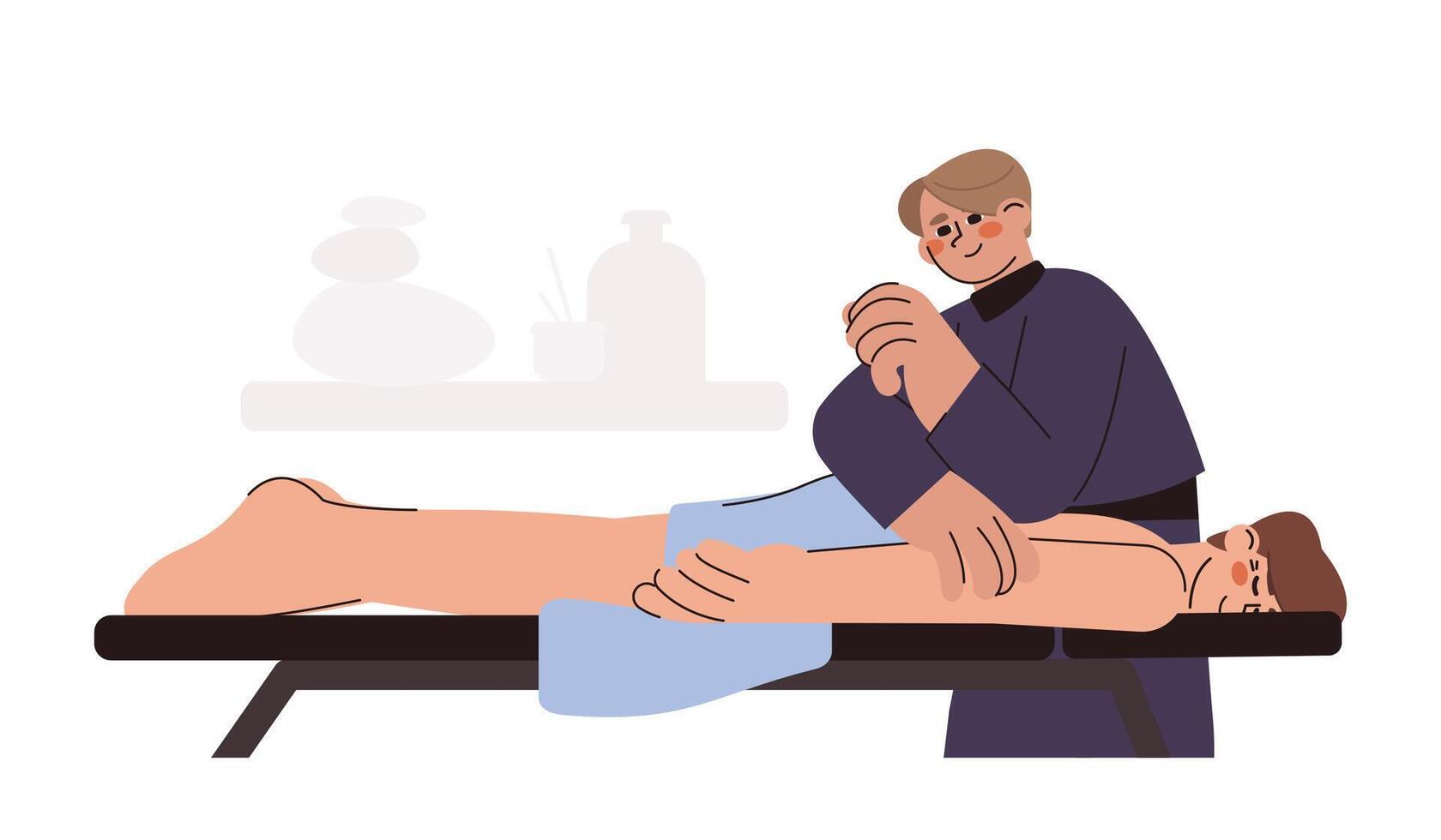 Flat chiropractor treating pain in lower back. Patient lying down on couch and doctor osteopath pressure to spine with elbow. Physiotherapist massaging to man. Rehabilitation or manual therapy. vector