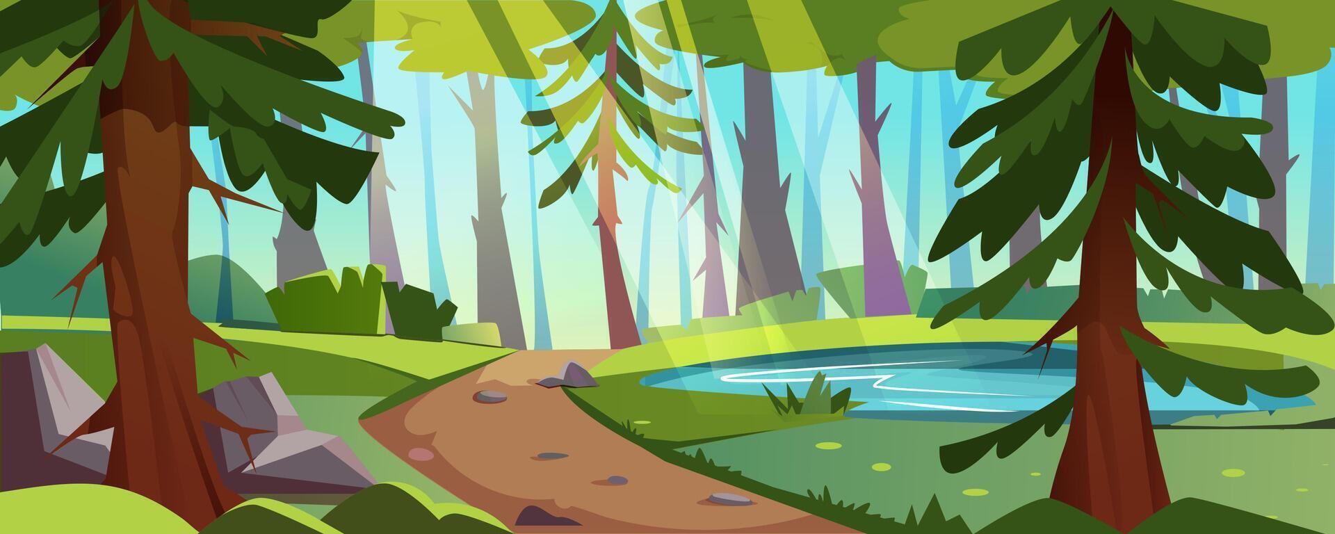 bosque paisaje con estanque, arboles y arbustos, verde césped y camino con piedras naturaleza escena con lago, sendero y luz de sol rayos dibujos animados ilustración de verano natural parque vector