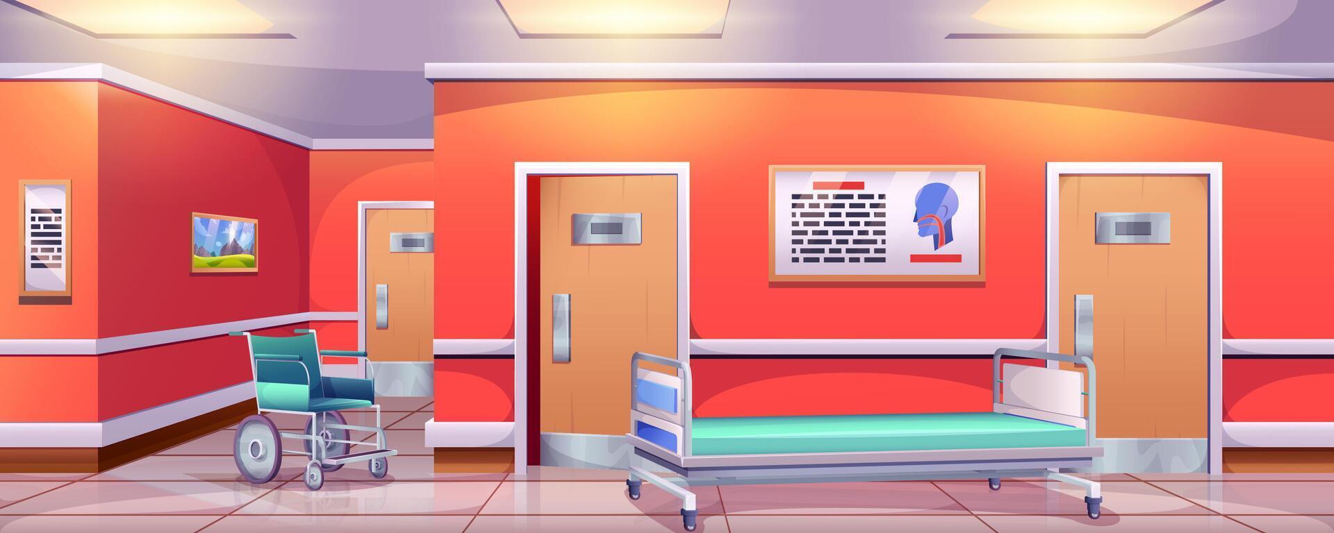 Cartoon hospital hallway with wheelchair and trolley bed. Empty hall interior in medical clinic with ward stretcher, placards on wall and surgery room doors. Waiting corridor or lobby for patients. vector