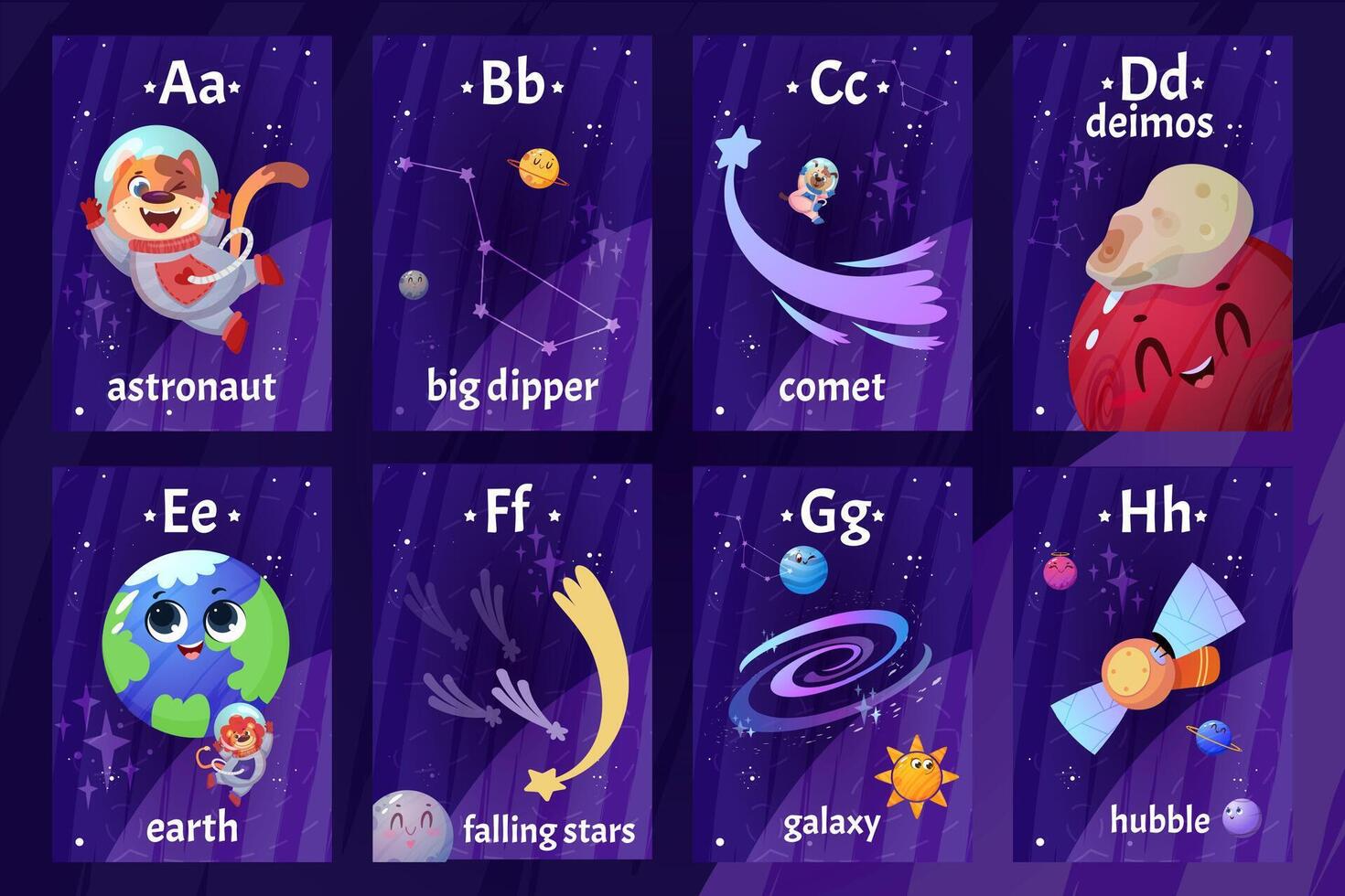 Inglés alfabeto tarjetas didácticas con letras desde un a h para niños educación. imprimible destello tarjetas con dibujos animados astronauta, planetas, constelación, galaxia astronave para aprendizaje letras y palabras en colegio vector