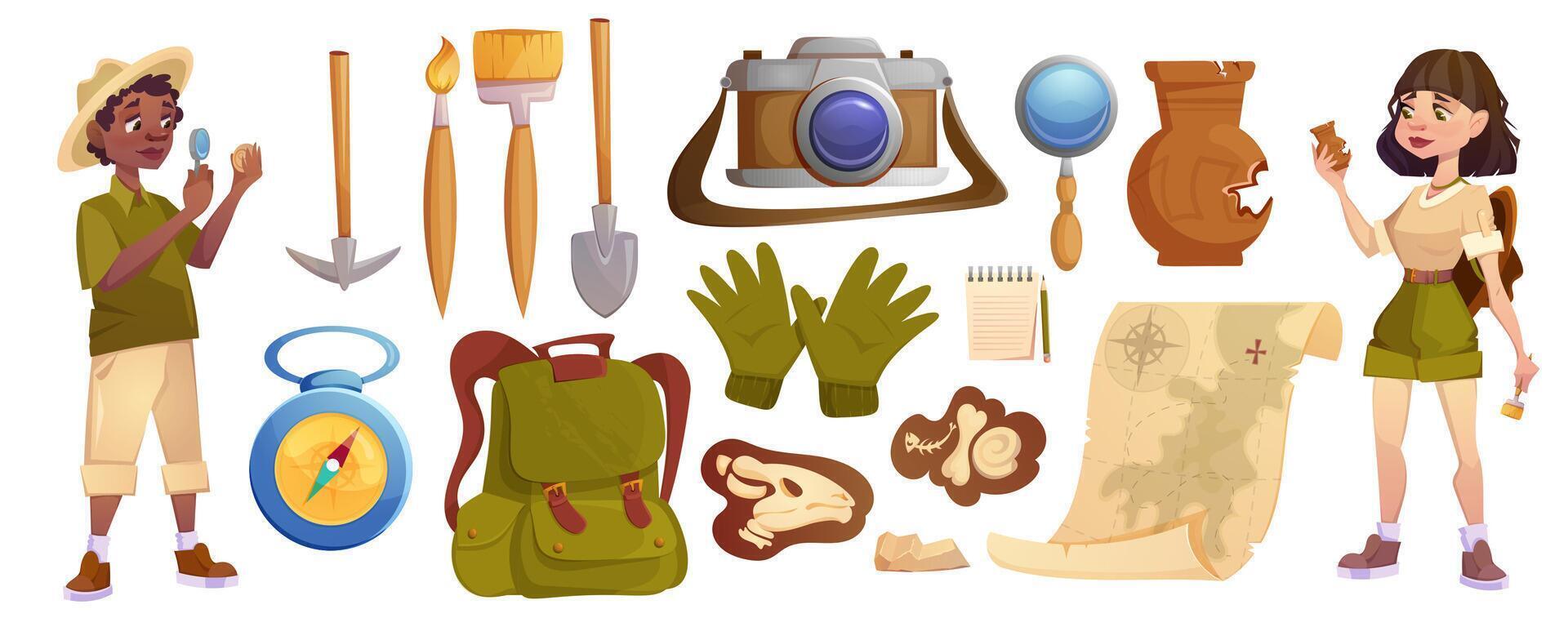 Archaeologists exploring artifacts with excavation tools. Cartoon paleontology scientists studying dinosaurs fossil skeletons bones and ancient vase. Characters searching archeology elements. vector