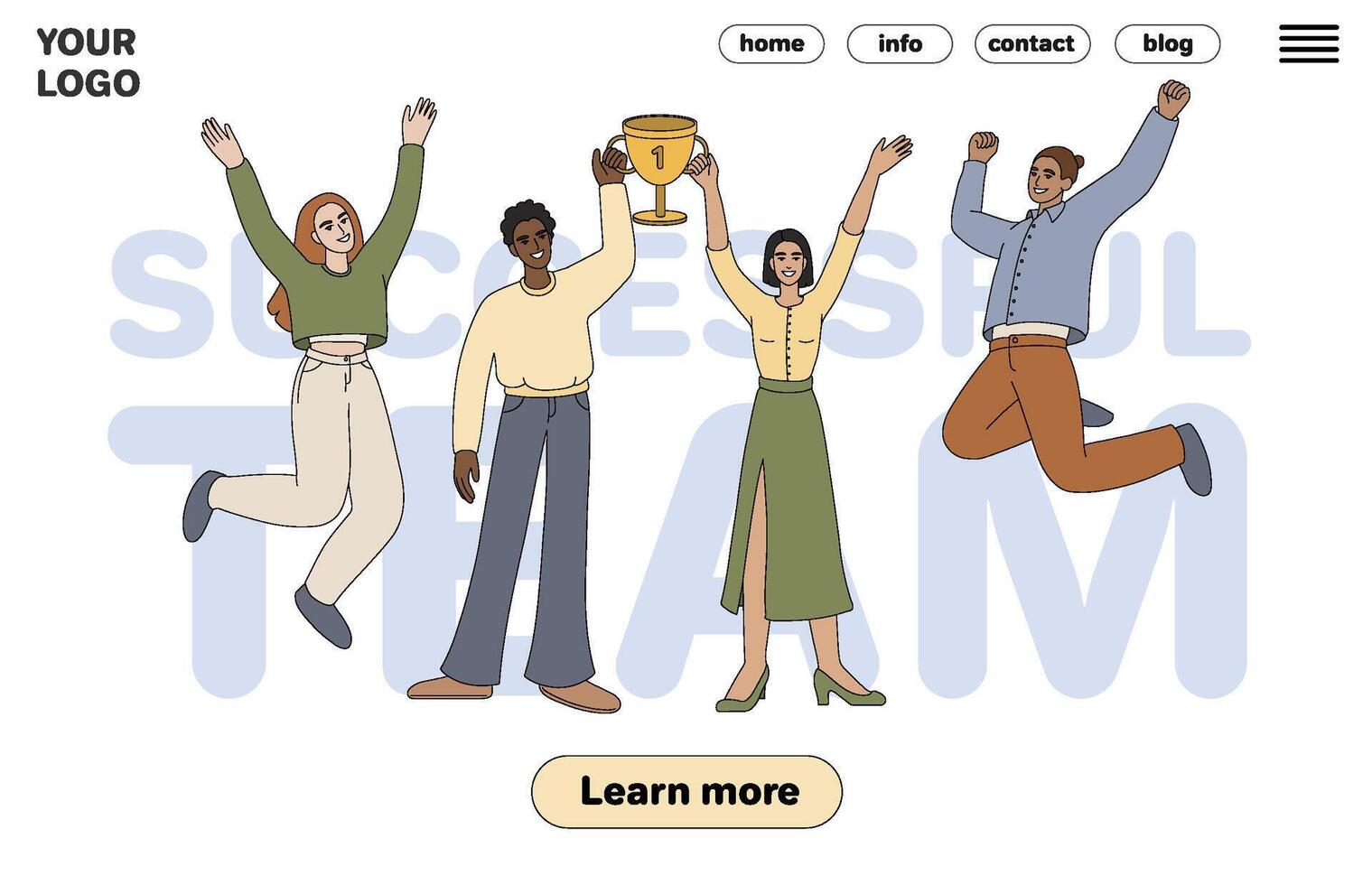 Teamwork victory. Business people celebrate success. Happy employee team with golden cup celebrating win. Characters hold award trophy flat web banner. Successful company workers landing page. vector