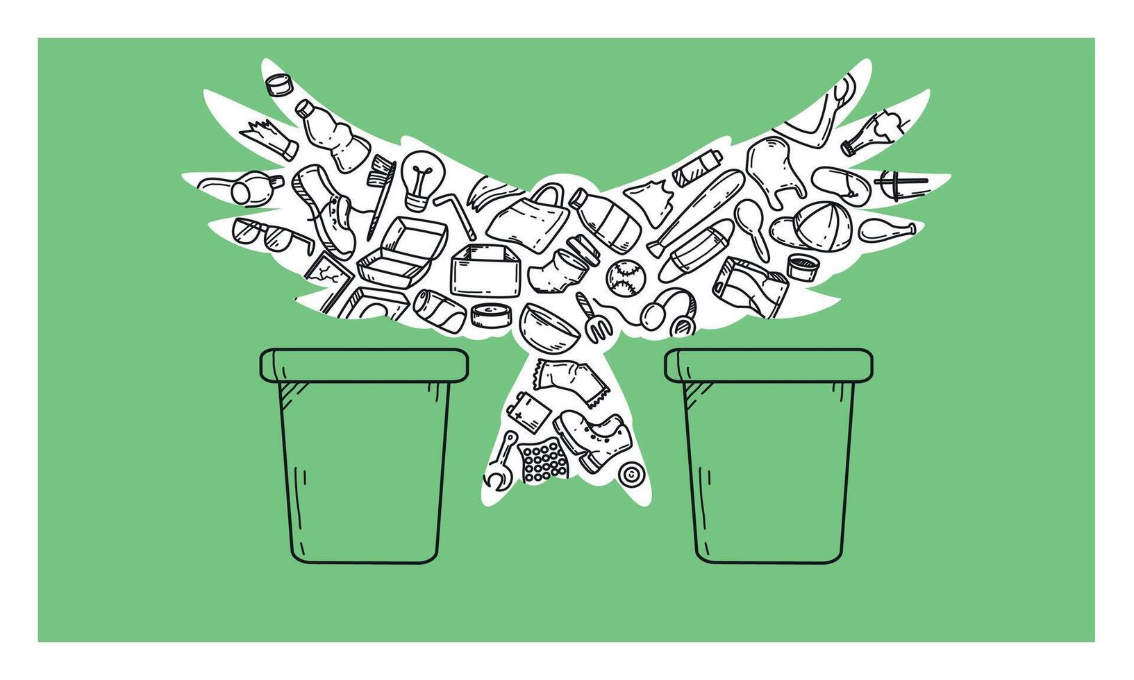 Save our planet. Bird silhouette with garbage bins and doodle trash icons. Stop pollution, reduce waste. Plastic bags, bottles or different kinds of garbage on green background. Ecology protection. vector