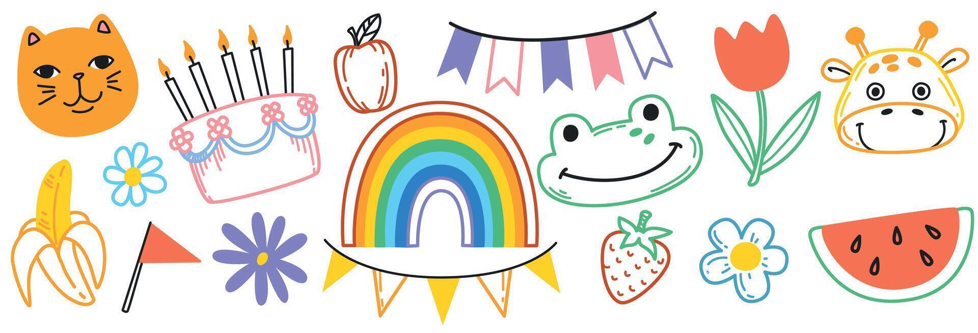 Cute hand drawn doodle set. Colorful collection of happy animal faces, fruits, scribble, flowers, rainbow and birthday elements. Design objects for decoration or prints. vector