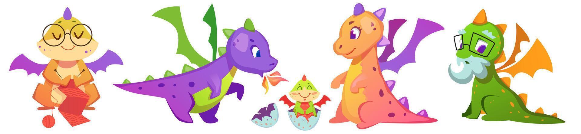 Fairy dragons cartoon characters with baby dinosaur. Magic creatures grandmother and grandfather, happy parents with fantasy child monster in egg. Smiling medieval reptiles collection. vector