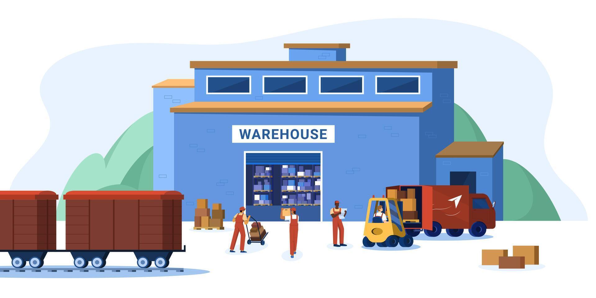 Flat warehouse logistics building with various cargo transport, workers and cardboard boxes. Storehouse with goods on racks, forklift and freight train on railway. International delivery service. vector