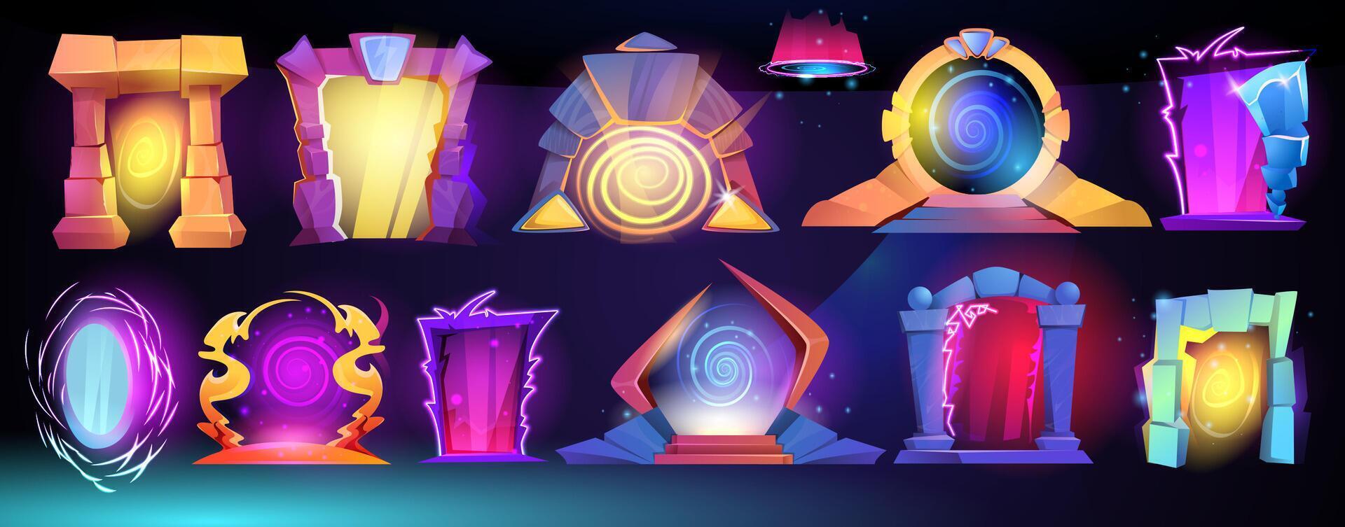 set of cartoon magic portals, fantasy teleports. Circle and square doors on alien planet, entrance to parallel world with glowing plasma. Fairy tale ui design elements for computer game. vector