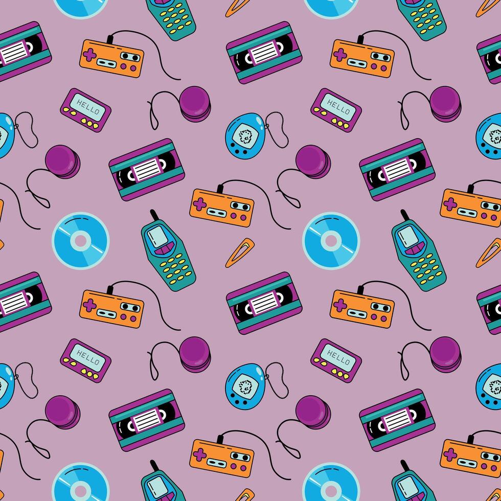 Seamless pattern of nostalgia phone, set-top box, joystick, tape, Tamagotchi. Retro 90s vector