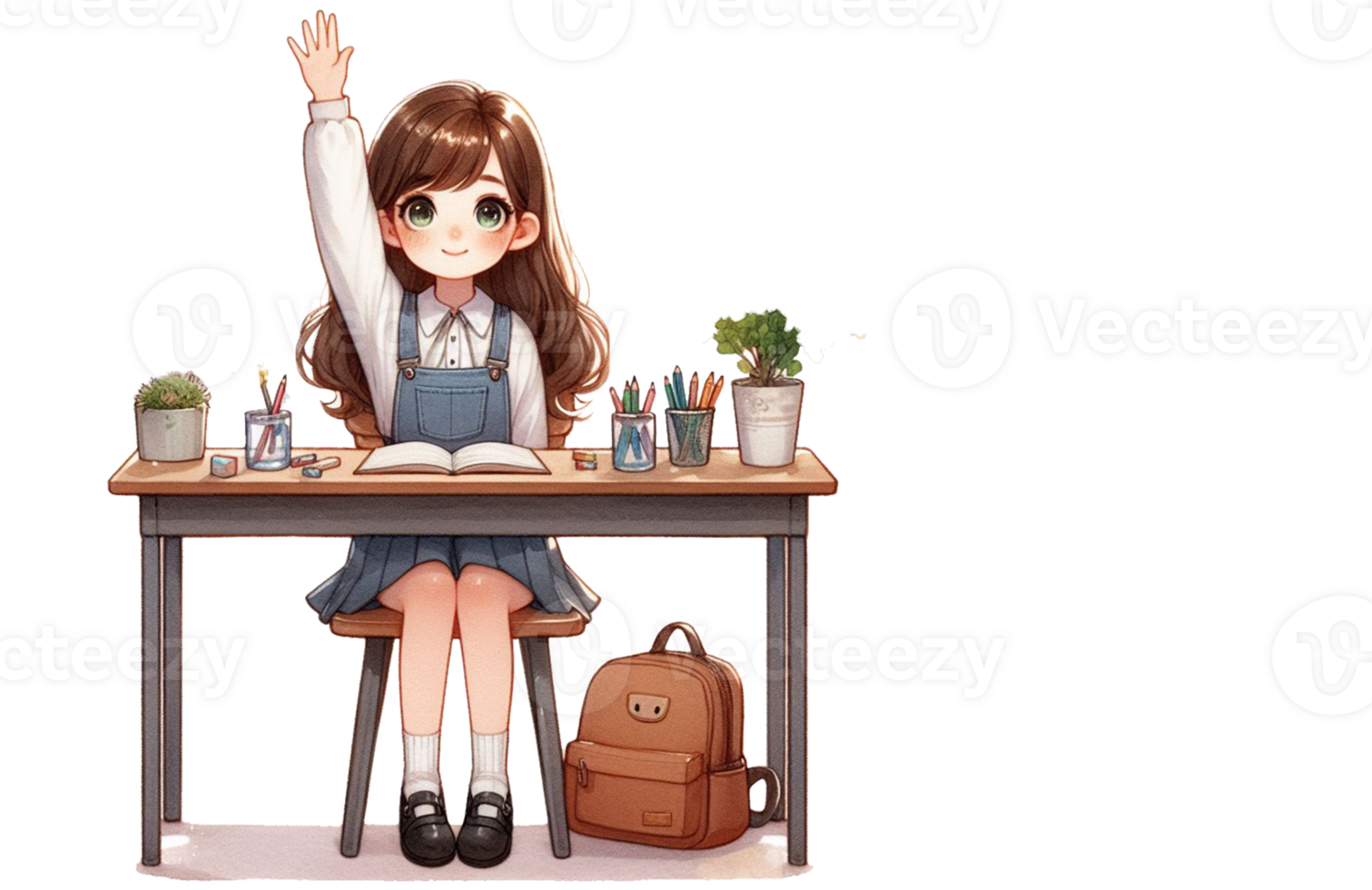 Watercolor clip art young school girl cartoon sitting on a chair with a table and raising her hands up with school concept png