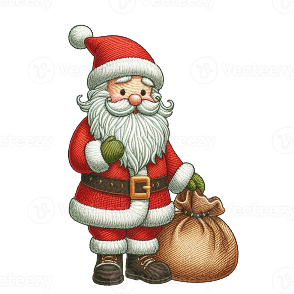 cute gnome Santa Claus cartoon character hand draw happy Merry Christmas embroidered style on transparency png