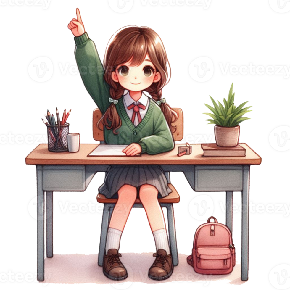 Watercolor clip art young school girl cartoon sitting on a chair with a table and raising her hands up with school concept png