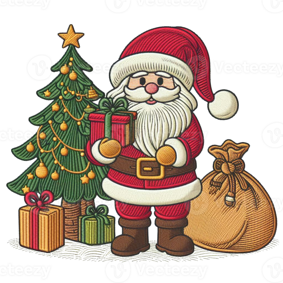 cute gnome Santa Claus cartoon character hand draw happy Merry Christmas embroidered style on transparency png