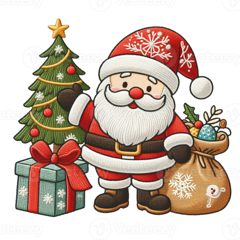 cute gnome Santa Claus cartoon character hand draw happy Merry Christmas embroidered style on transparency png