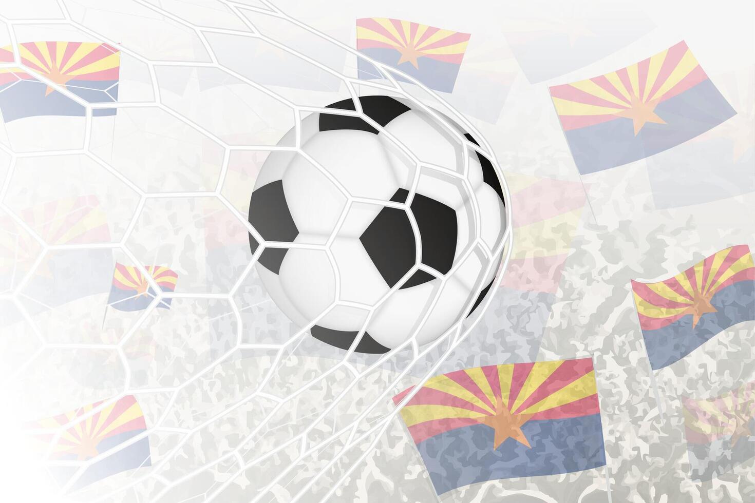 National Football team of Arizona scored goal. Ball in goal net, while football supporters are waving the Arizona flag in the background. vector