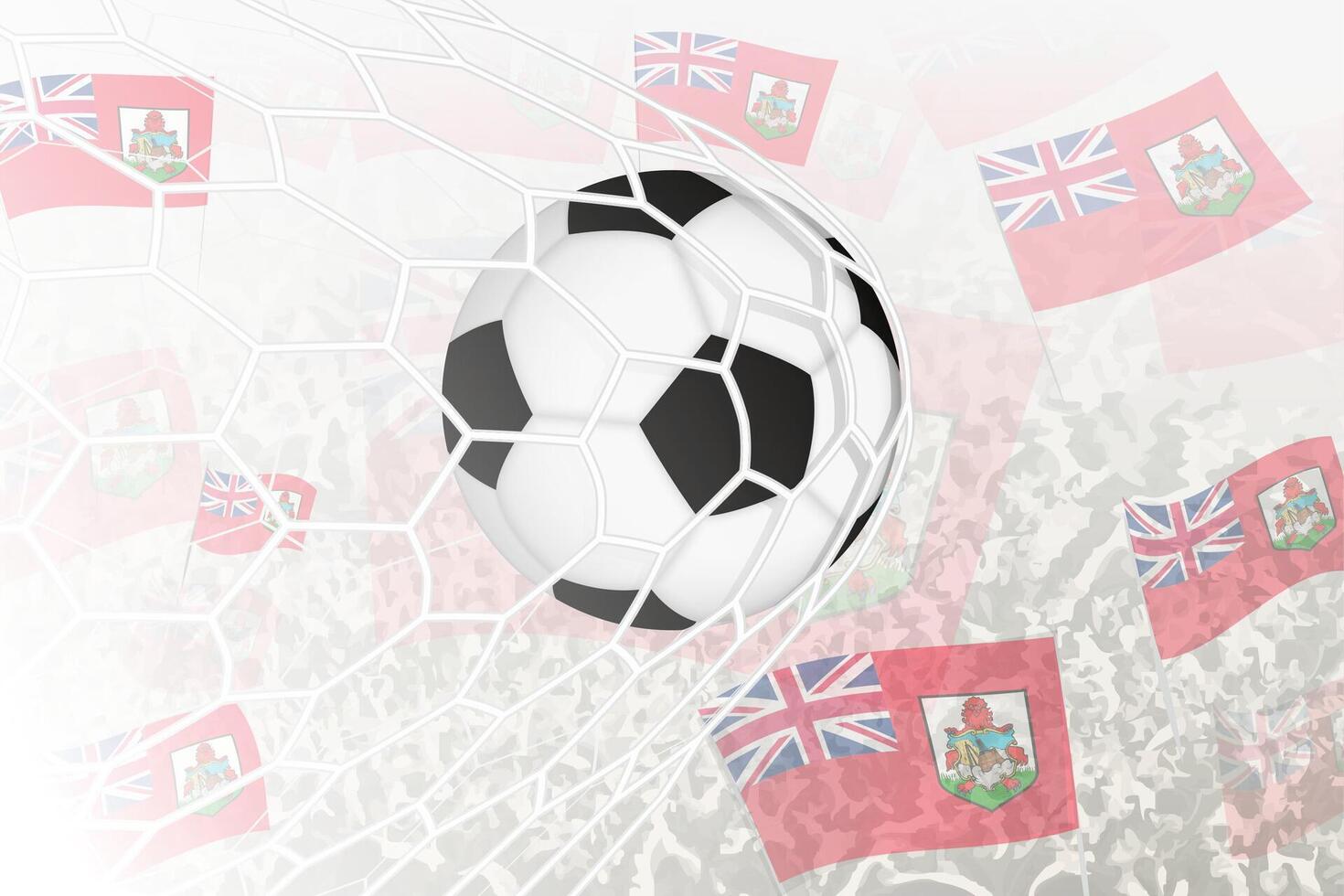 National Football team of Bermuda scored goal. Ball in goal net, while football supporters are waving the Bermuda flag in the background. vector