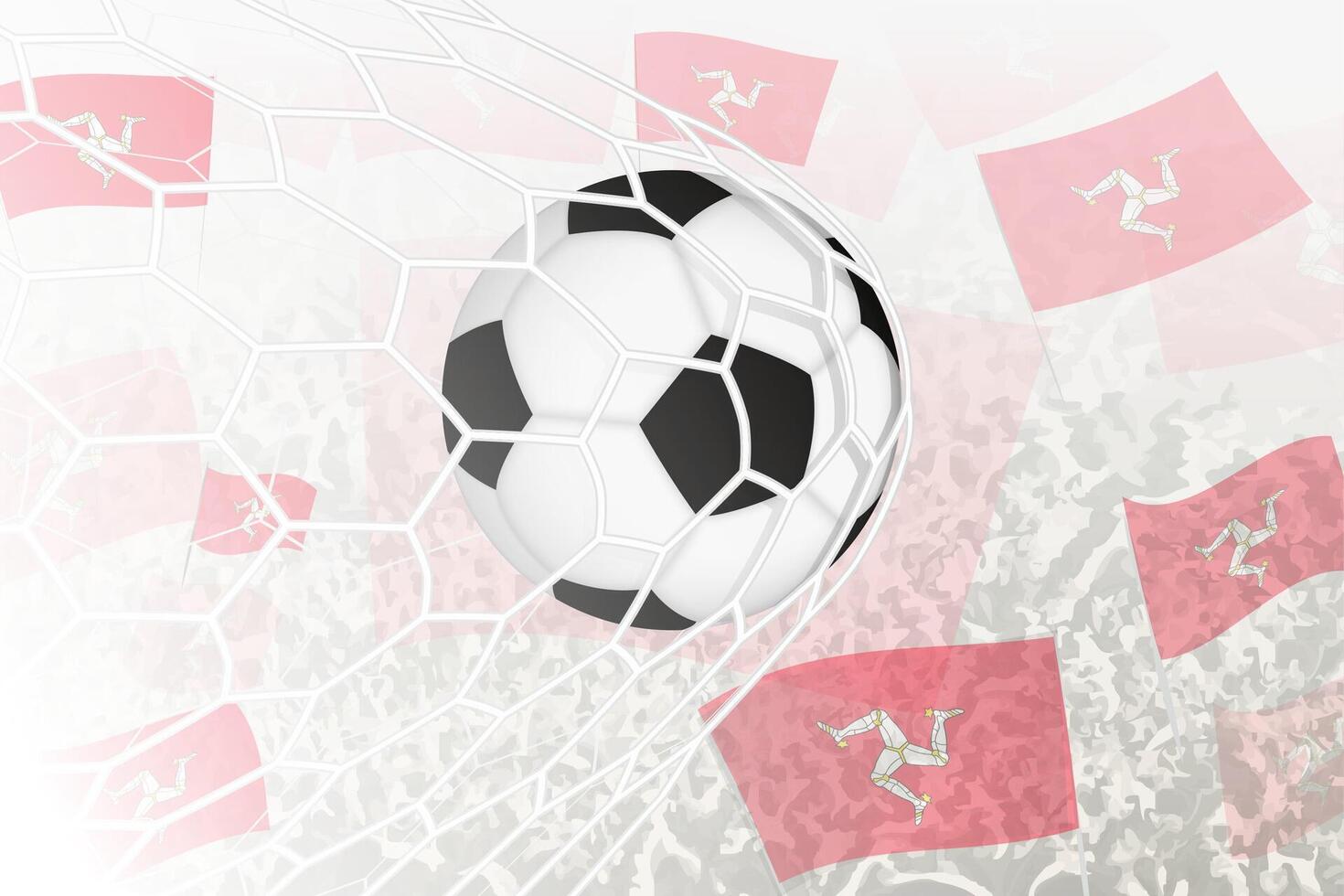 National Football team of Isle of Man scored goal. Ball in goal net, while football supporters are waving the Isle of Man flag in the background. vector