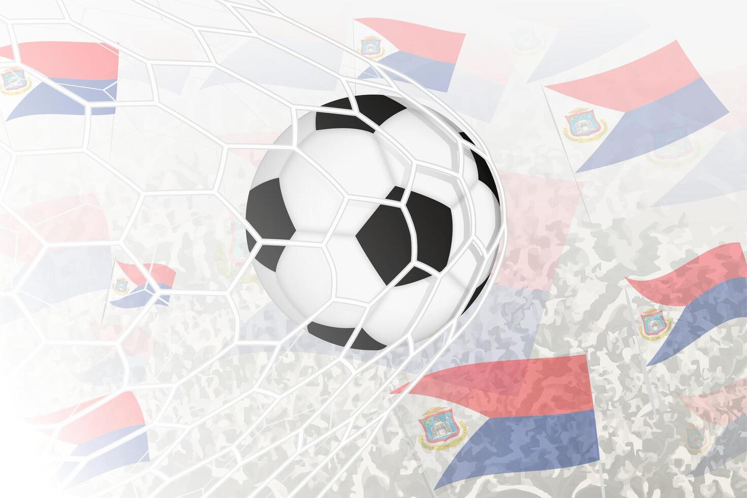 National Football team of Sint Maarten scored goal. Ball in goal net, while football supporters are waving the Sint Maarten flag in the background. vector