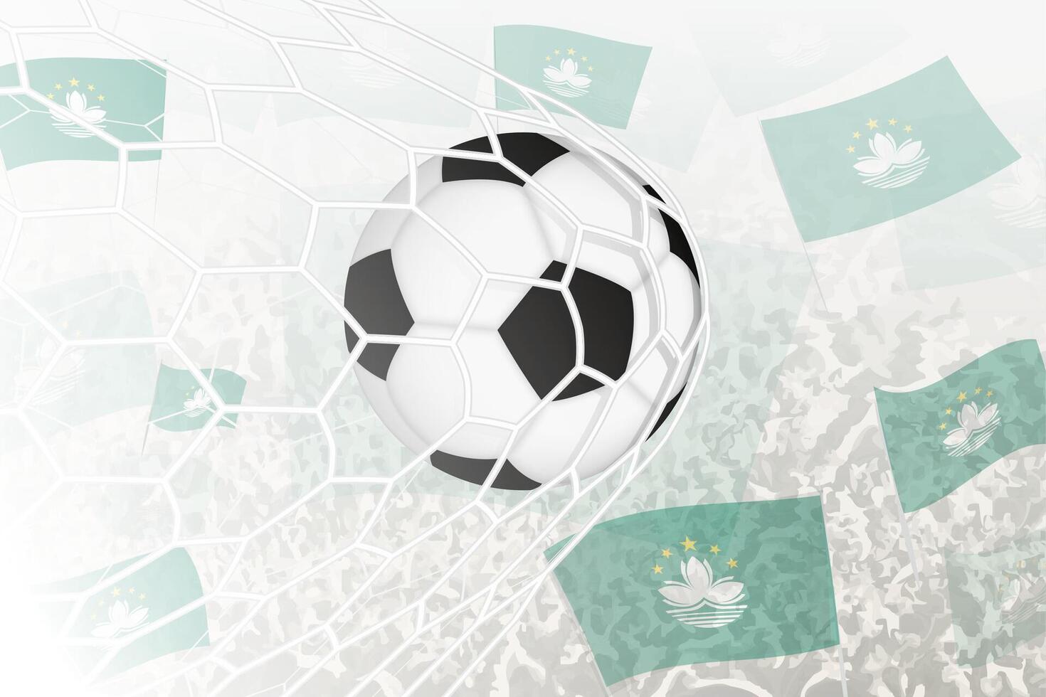 National Football team of Macau scored goal. Ball in goal net, while football supporters are waving the Macau flag in the background. vector