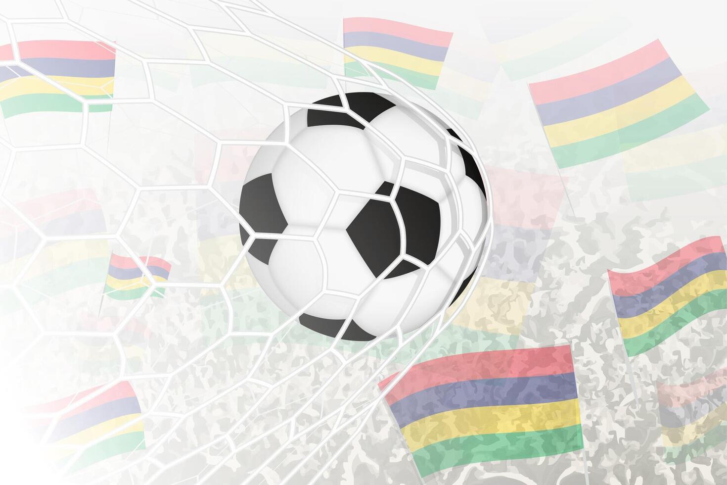 National Football team of Mauritius scored goal. Ball in goal net, while football supporters are waving the Mauritius flag in the background. vector