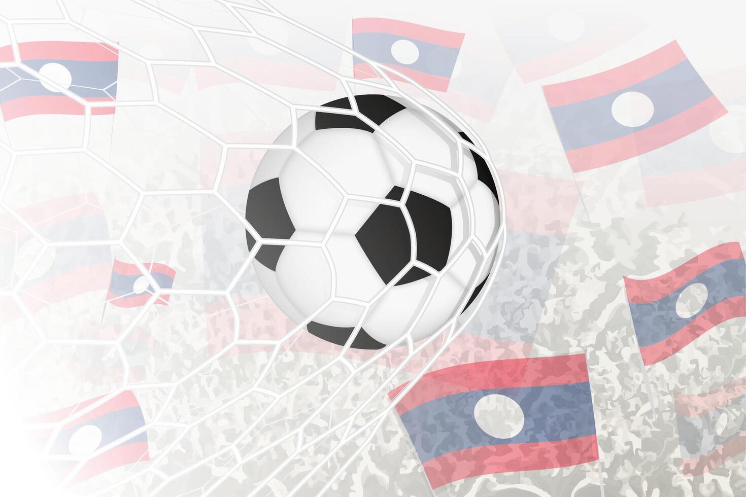 National Football team of Laos scored goal. Ball in goal net, while football supporters are waving the Laos flag in the background. vector