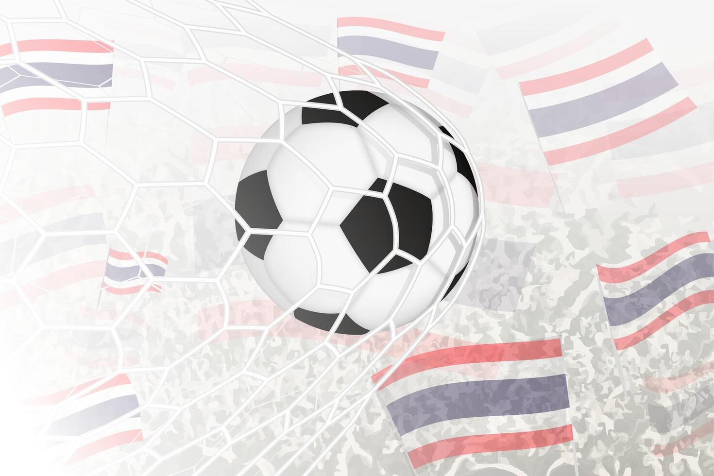 National Football team of Thailand scored goal. Ball in goal net, while football supporters are waving the Thailand flag in the background. vector