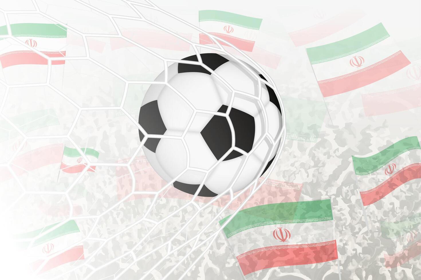 National Football team of Iran scored goal. Ball in goal net, while football supporters are waving the Iran flag in the background. vector