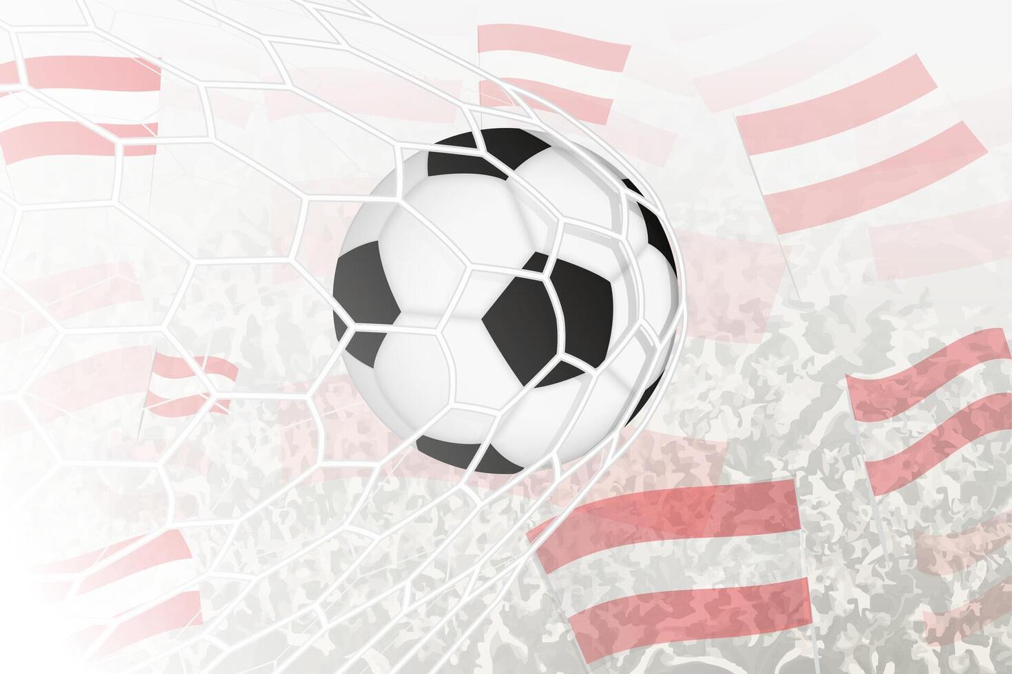 National Football team of Austria scored goal. Ball in goal net, while football supporters are waving the Austria flag in the background. vector